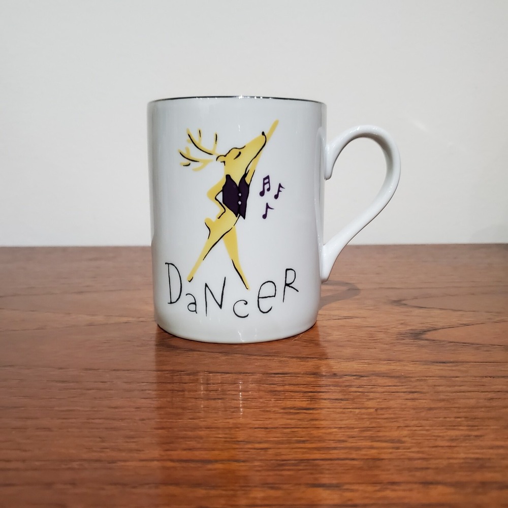 Pottery Barn DANCER Reindeer Christmas Porcelain Silver Trim Coffee Mug 4"‎ 12oz